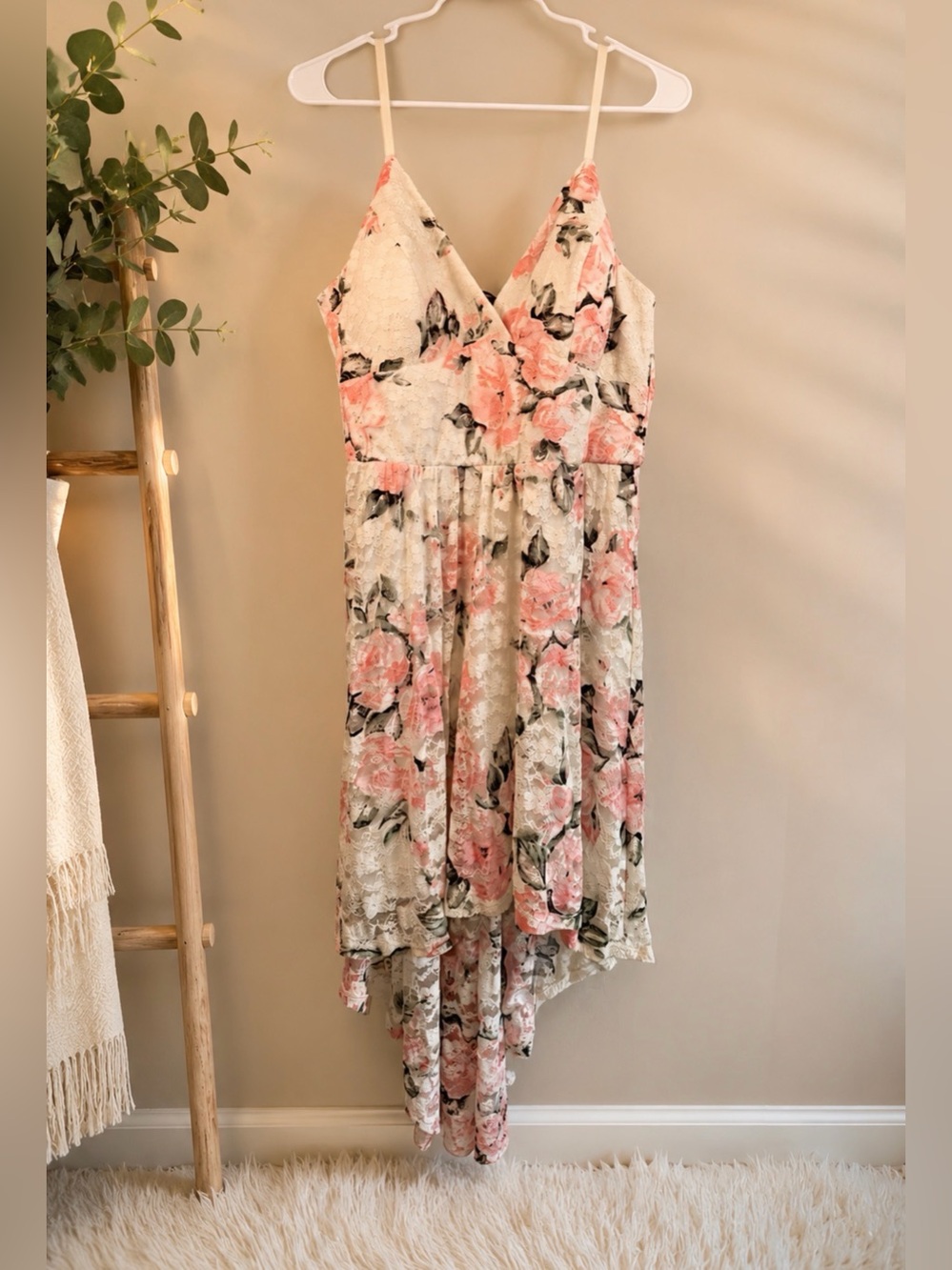 Lily Rose White Lace Pink Floral High/Low Dress